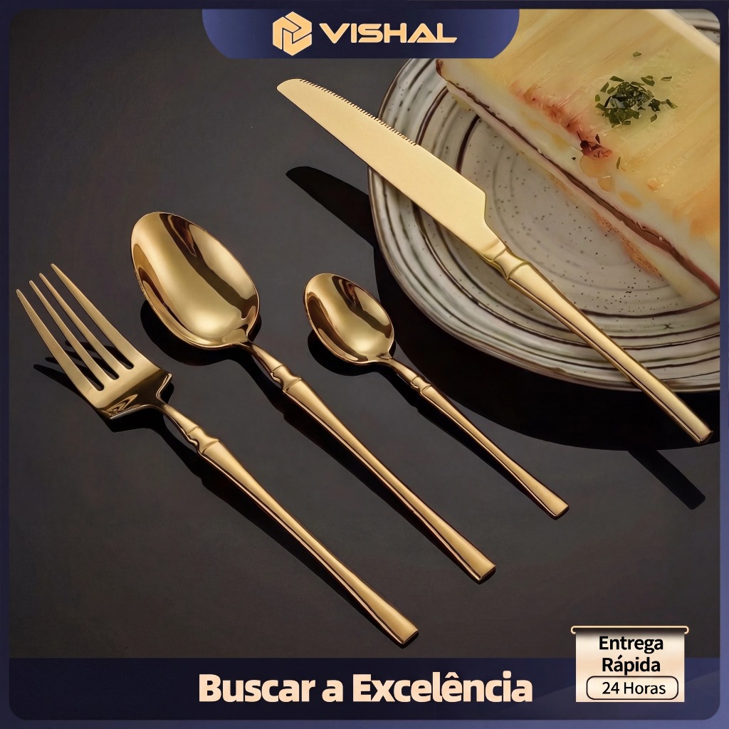 Conjunto de 24 Talheres de Aço Inoxidável Dourado Conjunto de Talheres Cintura Fina Dourado Série Deluxe