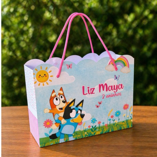 Sacolinha personalizada no tema Bluey para menina - Lembrancinha Festa Infantil Pegue e Monte
