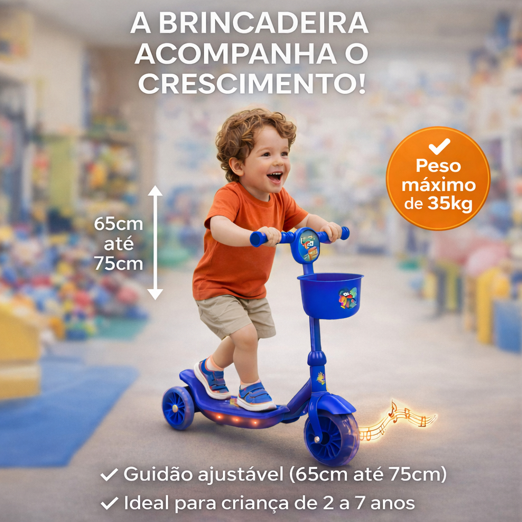 Patinete Infantil 3 Rodas com LED, Música, Cestinha – Regulável | Brinquedo Criança — imagem 2 de 2