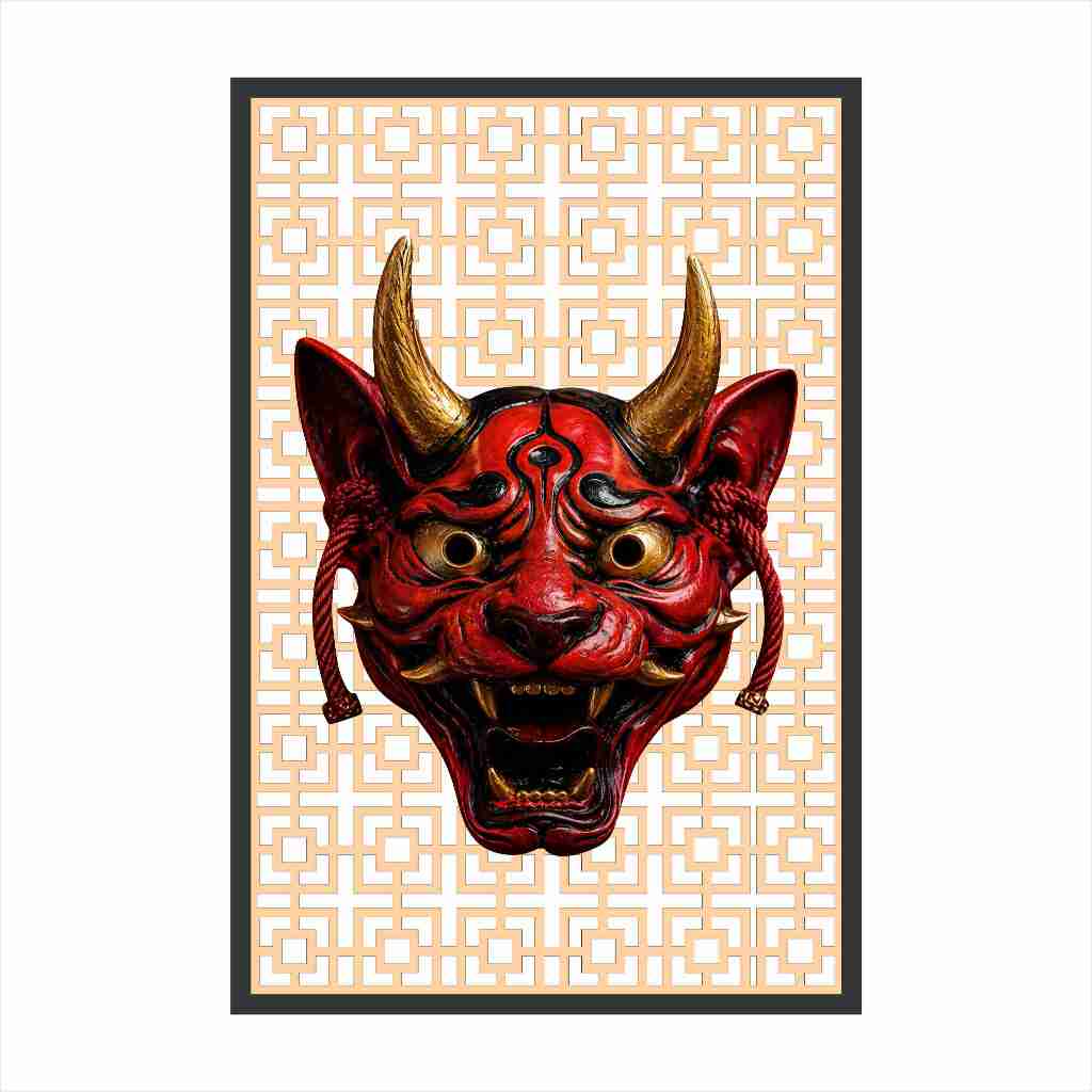 Quadro decorativo - Máscara Aka-Neko Hannya - Grade Moldura - Arte Oriental - Atlético-MG x Ceará