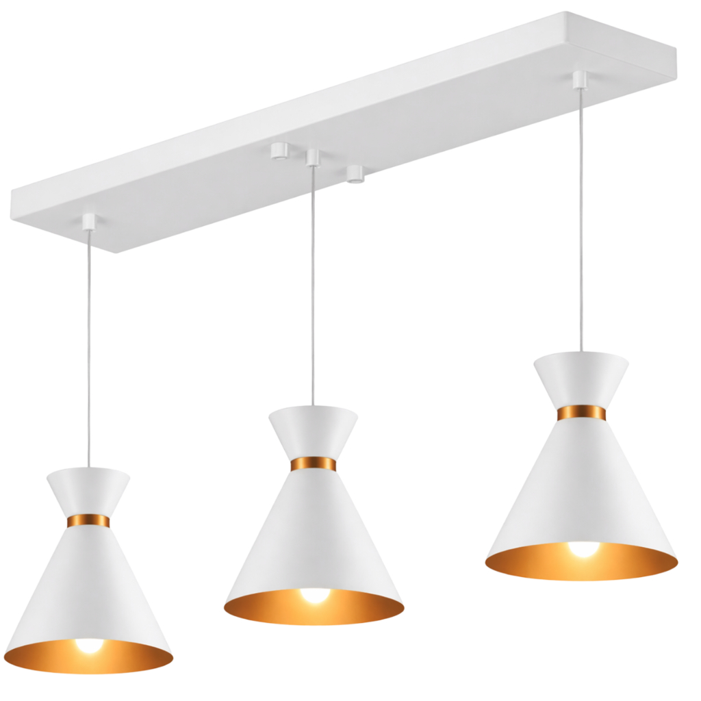 Pendente Lustre Sala Moderna Luxo Triplo  Branco com Cobre E-27