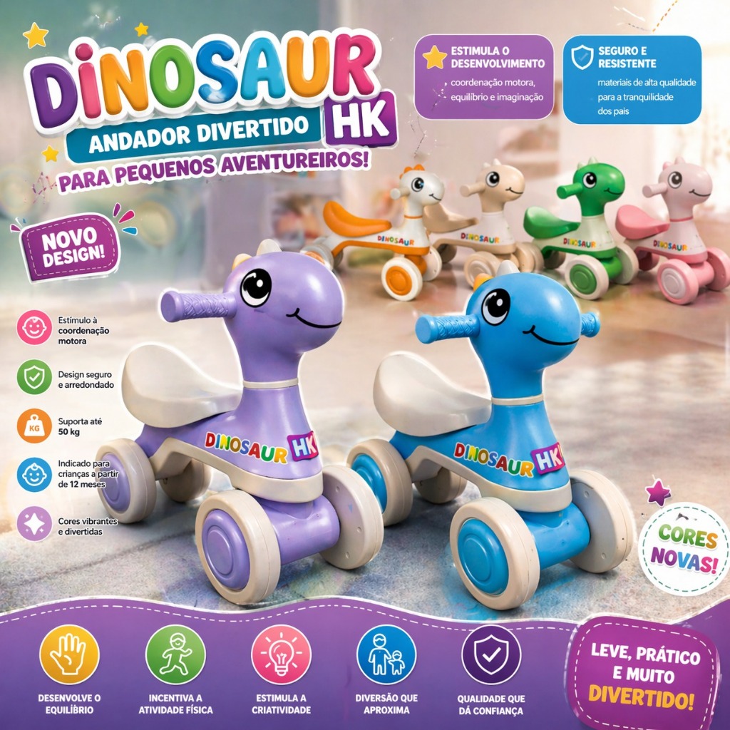 Motoca Infantil De Equilíbrio C/ Luz E Som Dino  - HK Brinquedos