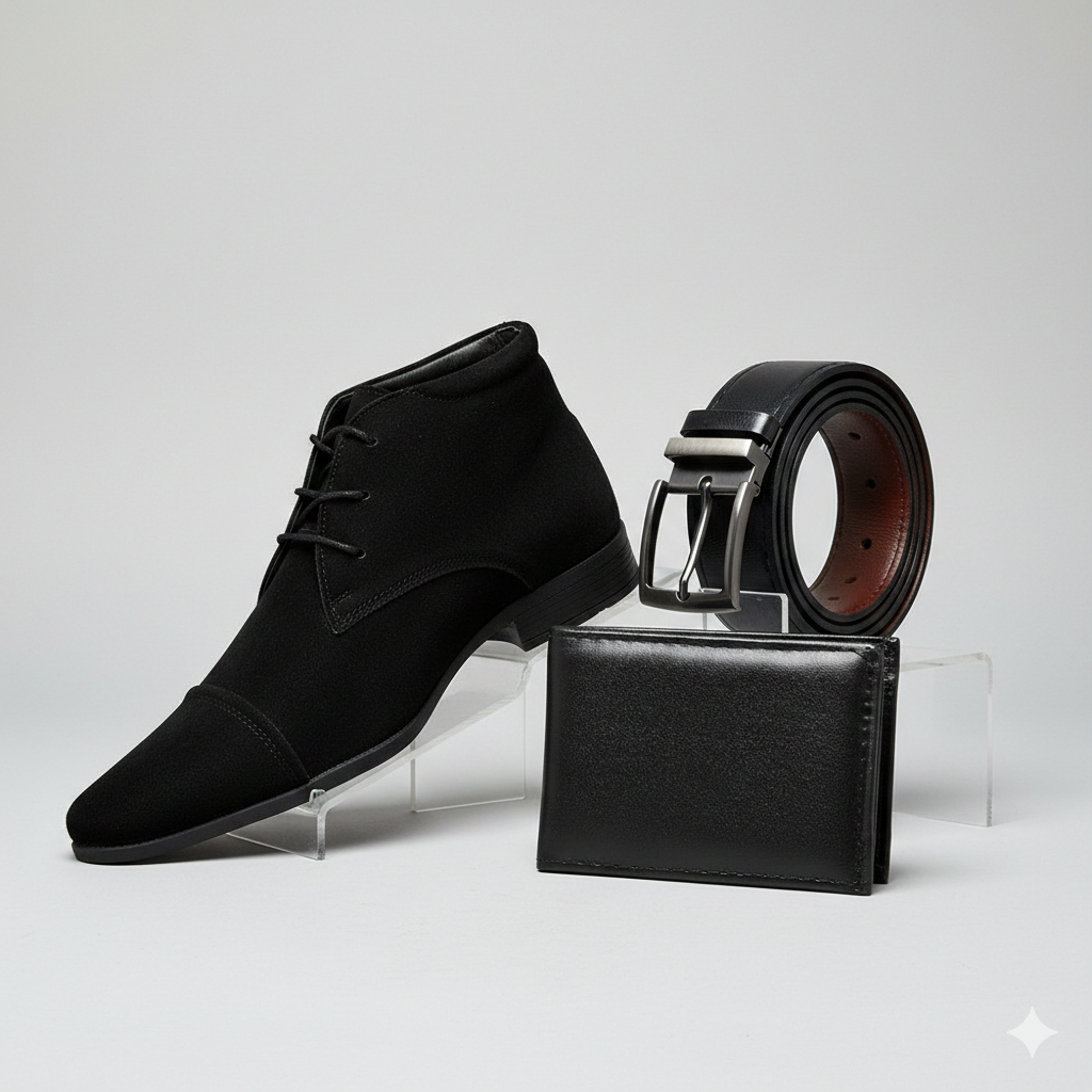 Kit Bota Masculina Camurça Cinto Carteira Cano Curto Preto Marrom Confortável Chelsea Chukka Social