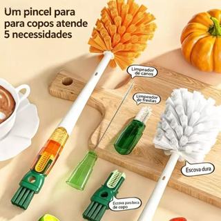 Escova de Limpeza 5 em 1 com Cabo Longo – Cabeça Removível, Limpeza 360° para Copos e Canudos BM1372