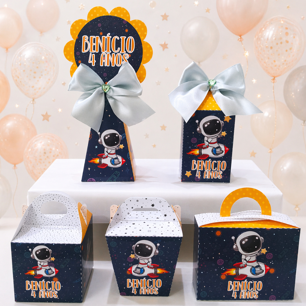 Kit Festa Astronauta Luxo Personalizado PEGUE E MONTE | Lembrancinhas em Caixinhas para Aniversário Infantil