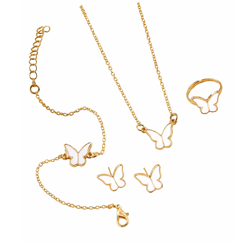 Kit Joias Femininas Borboleta White 4 Pecas Colar Brinco Anel Pulseira Banhado Ouro 18k Luxo Presente Elegante