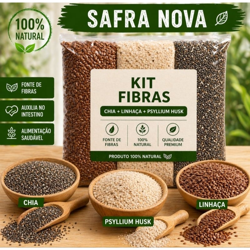 Mix Sementes - Chia + Psyllium + Linhaça Dourada - Fibras Naturais Low Carb - Variação de 200 gr /300 gr /1,5 kg