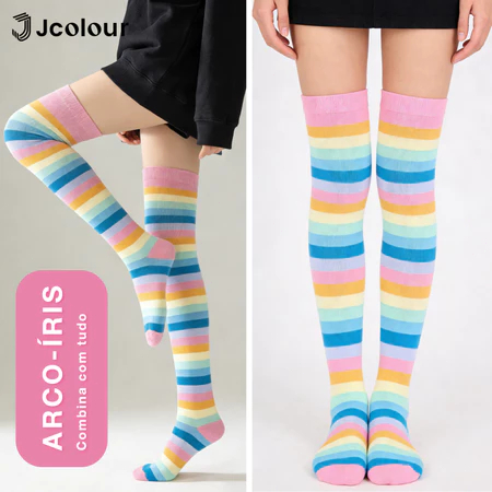 Jcolour Kit 2 Meias Colorida Cano Médio Alto ou Longa Meia Arco Iris Alta para Infantil Adulto 34-40