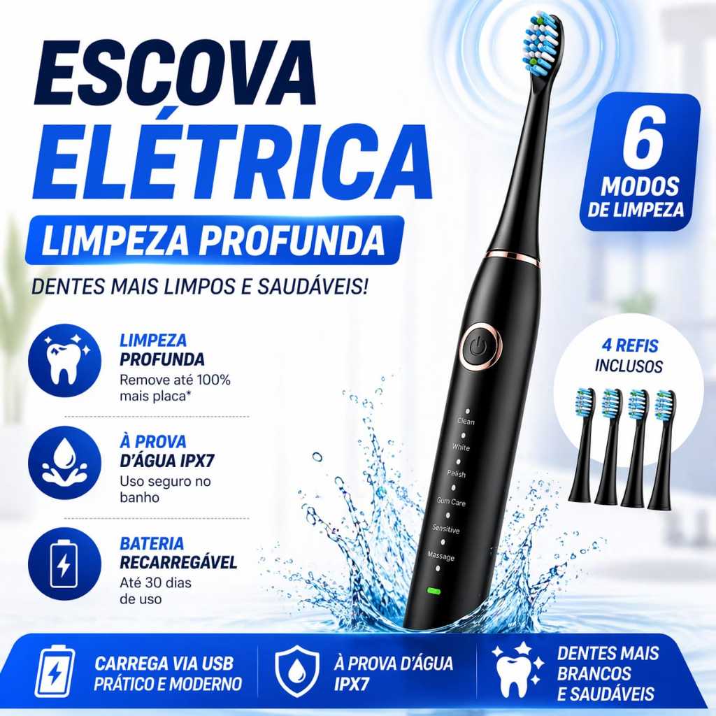 Escova Dental Elétrica Ultrassônica OralNova Sonic™ 6 Modos Recarregável USB IPX7 4 Refis