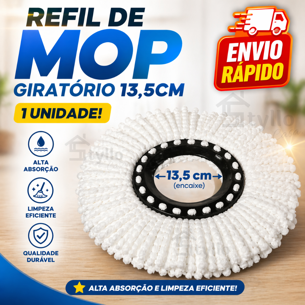 Refil Mop Giratório Esfregão Limpeza Diâmetro 13,5cm Casa