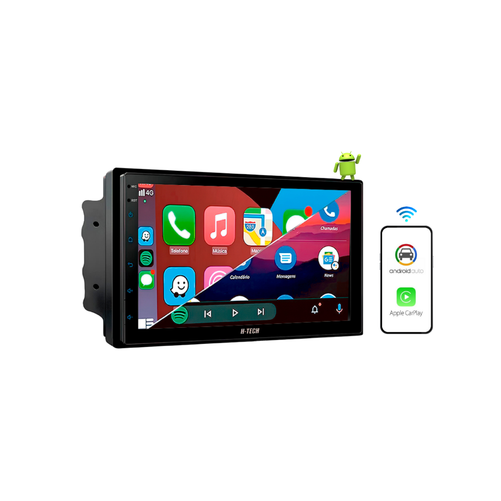 Multimídia H-tech 7 Polegadas QLED 2 DIN Android QuadCore Espelhamento CarPlay GPS Wifi