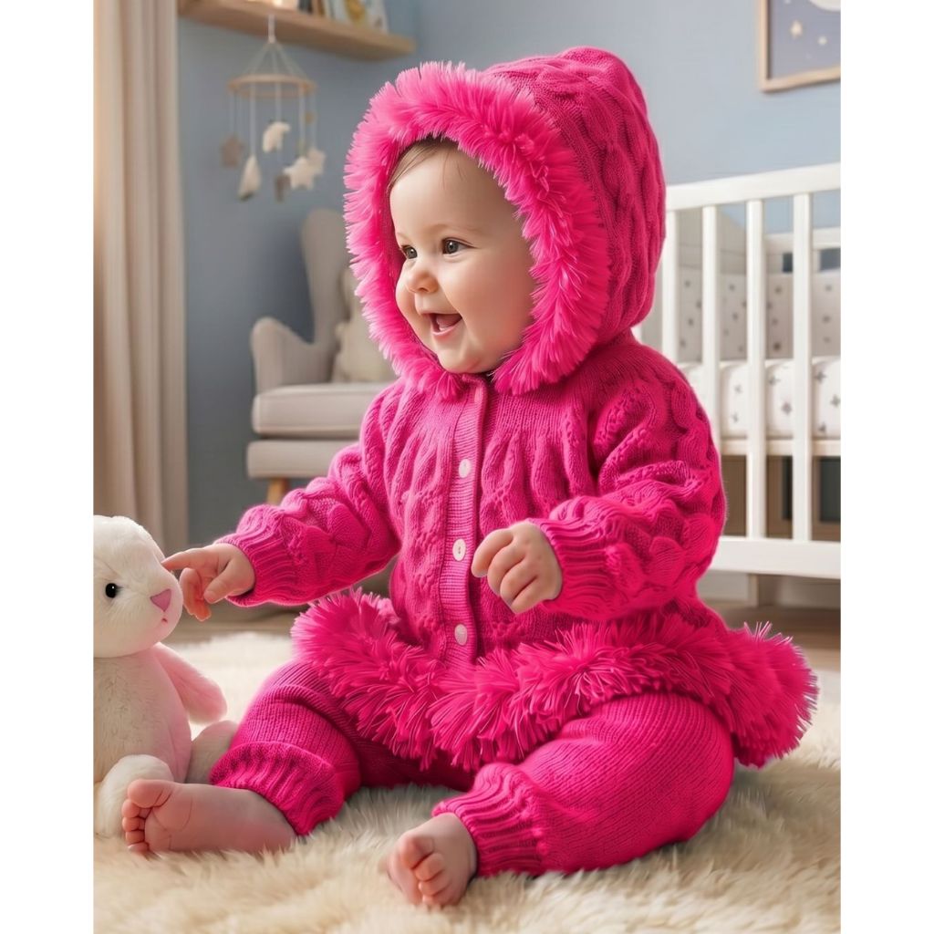 Conjunto Tricot Infantil Inverno Calça Blusa com Capaz Pelúcia Tricô Antialérgico Moda Bebê