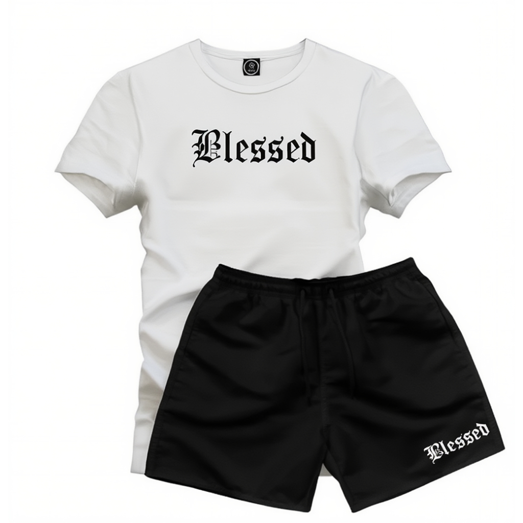 Conjunto Infantil Básico Estiloso – Camiseta Blassed + Short Estampado Confortável