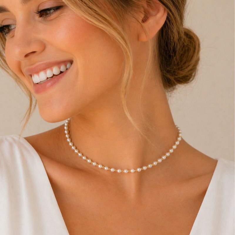 Choker Pérolas Luxo Dourada Delicada | Semijoia Ouro 18K | Ajustável | Clássica