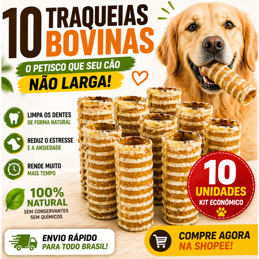 Kit 10 Traqueias Bovinas Premium 100% Natural para Cães – Durável, Anti Ansiedade e Limpa os Dentes