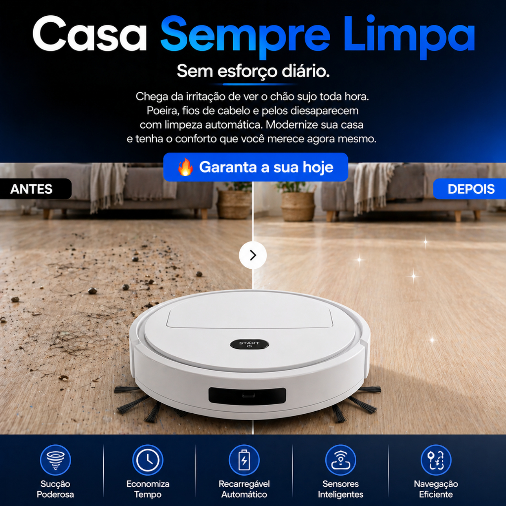 Robô Aspirador Inteligente SmartClean 3 em 1 Varre Aspira Automático Silencioso Casa Pet Poeira