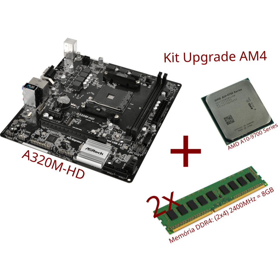 Kit Upgrade | Placa mãe: A320M-HD | Processador: A10 9700 (AM4) | Memoria RAM: 8 Gb DDR4 2400 MHz Kingston (2x4)