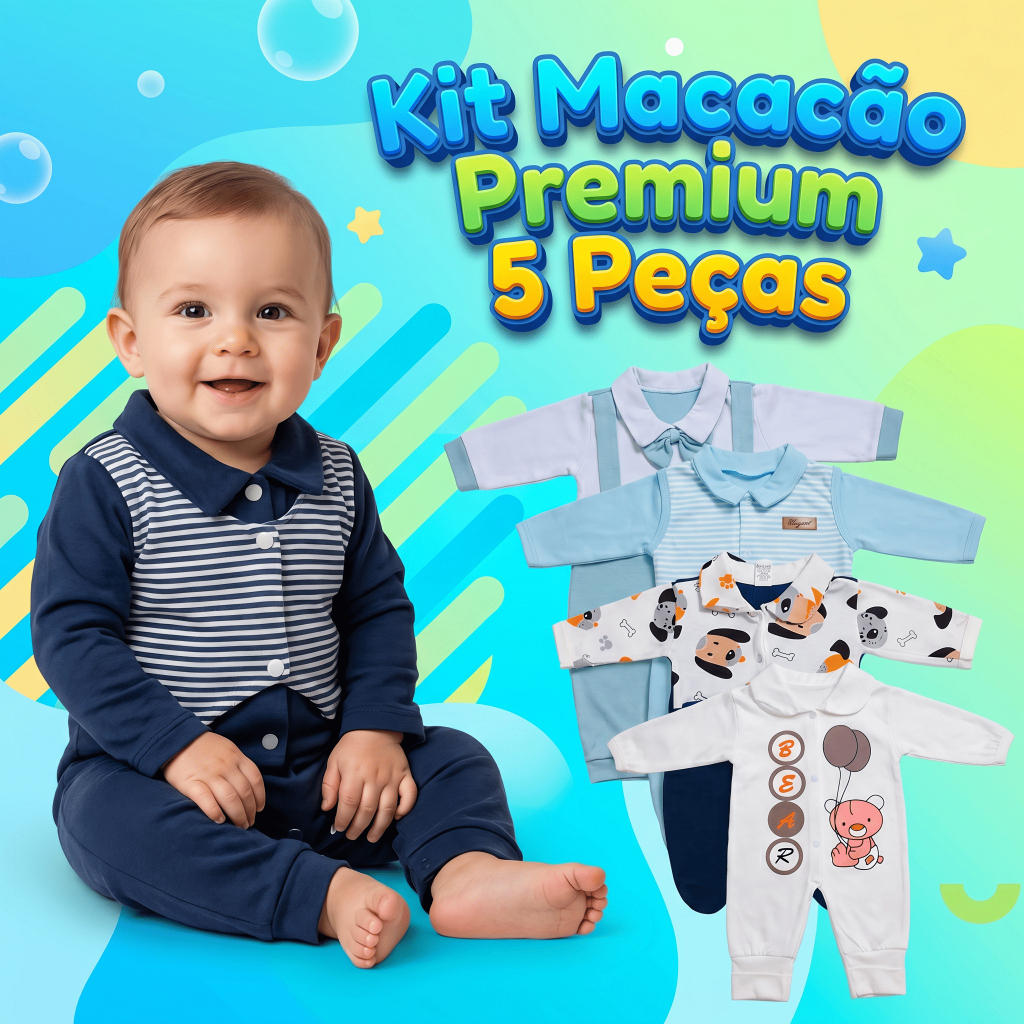 Kit 5 Macacão Menino Bebê Estampado Algodão Vira Pé Reversível Inverno Confortável Enxoval Macio