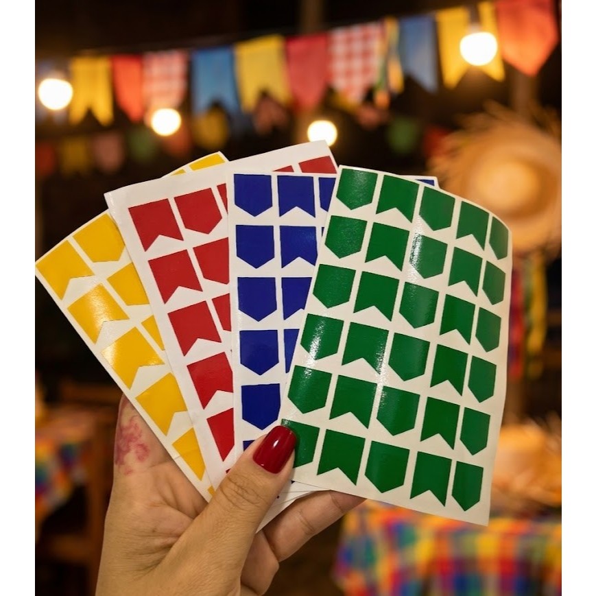 Kit com 120 Bandeirinhas Adesivas Festa Junina para Copos, Doces e Lembrancinhas Azul ,Amarelo, verde e vermelho