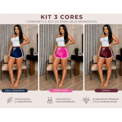 Kit Short com 3 Unidades Veludo Feminino Love Cintura Alta Casual