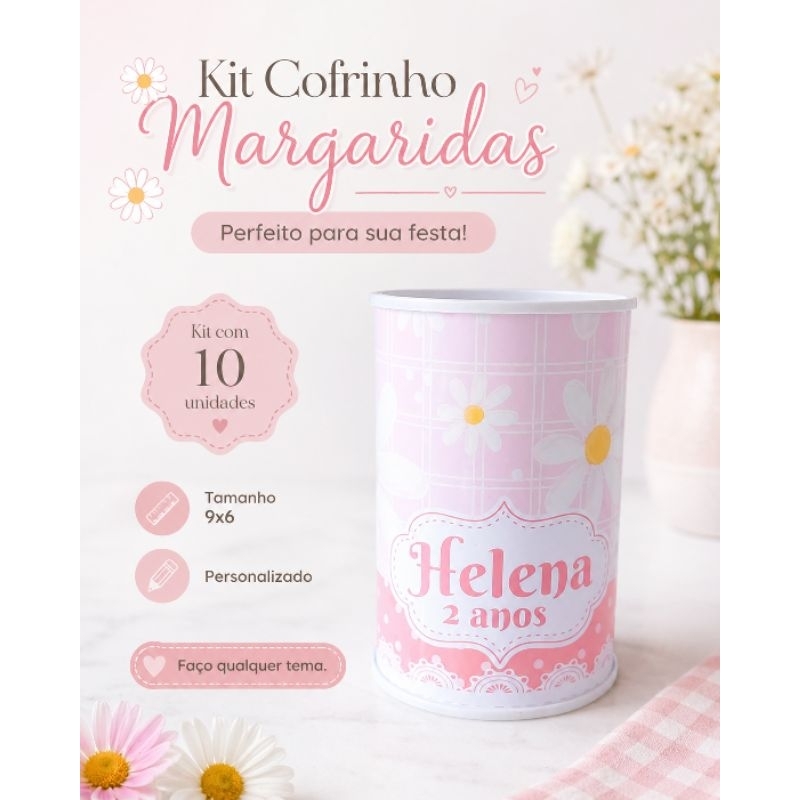 Kit 10 Cofrinho Personalizado Margaridas Infantil | Lembrancinha Festa Aniversário Menina Personalizado Nome e Idade