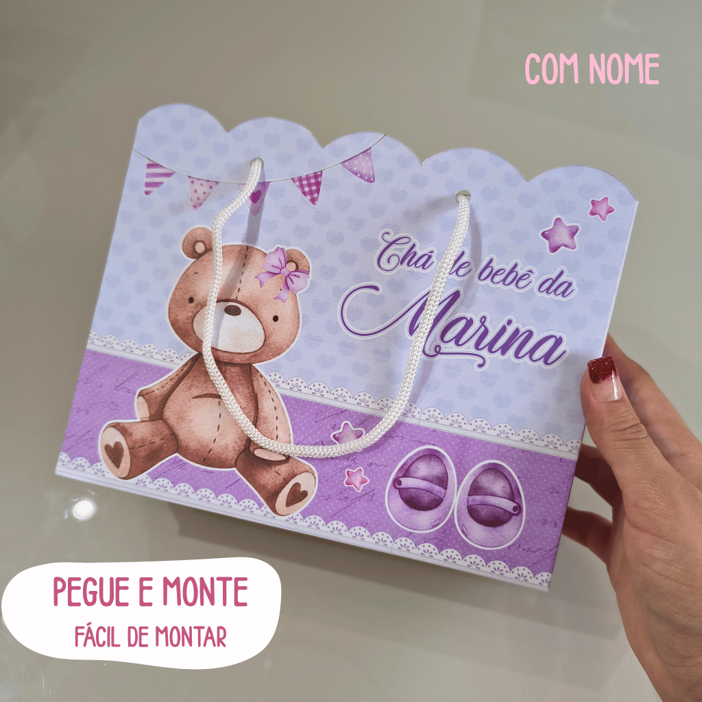 Sacola Personalizada Chá de bebê ursinha lilás com Nome | Pegue e Monte Fácil  | Lembrancinha chá de fraldas