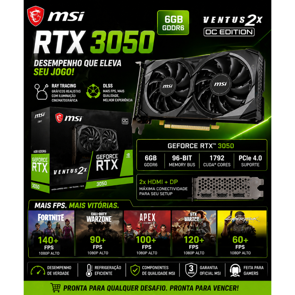 Placa de Vídeo MSI RTX 3050 6GB Ventus OC | GDDR6 | 2x HDMI + DP | Ray Tracing + DLSS | Gamer