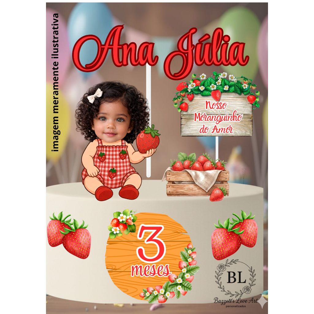 OPO DE BOLO MESVERSÁRIO MORANGUINHO DO AMOR, MESVERSÁRIO, TOPO PERSONALIZADO, NOSSO MORANGO DO AMOR