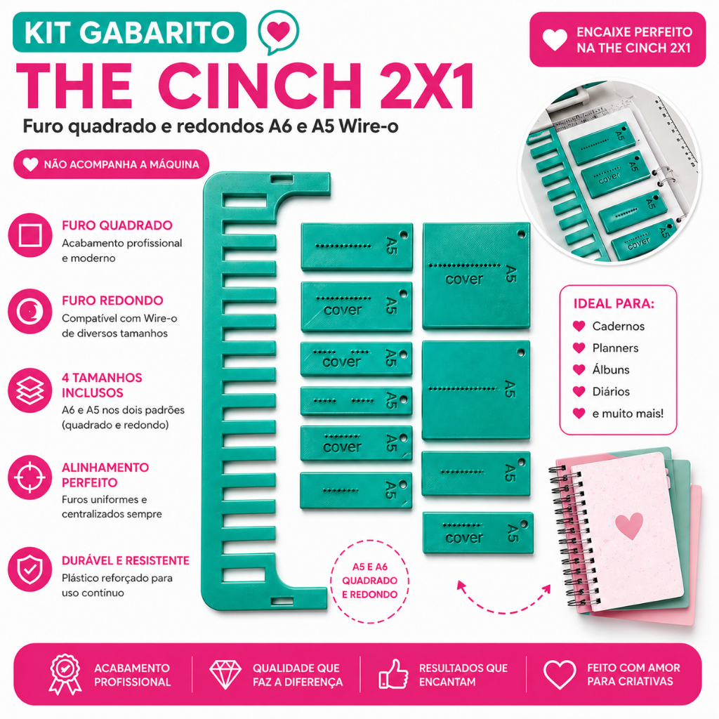 Kit Gabarito The Cinch 2x1 A5 e A6 Wire-O | Furo Quadrado e Redondo | Guia de Perfuração para Encadernação Capa e Miolo
