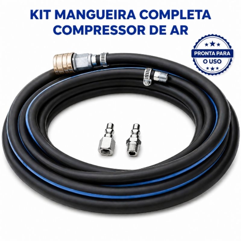 Mangueira Compressor de ar - Engate rápido + Espigas + Conectores 1/4 - Kit 8 Peças Mangueira Completa Pronta Para o Uso