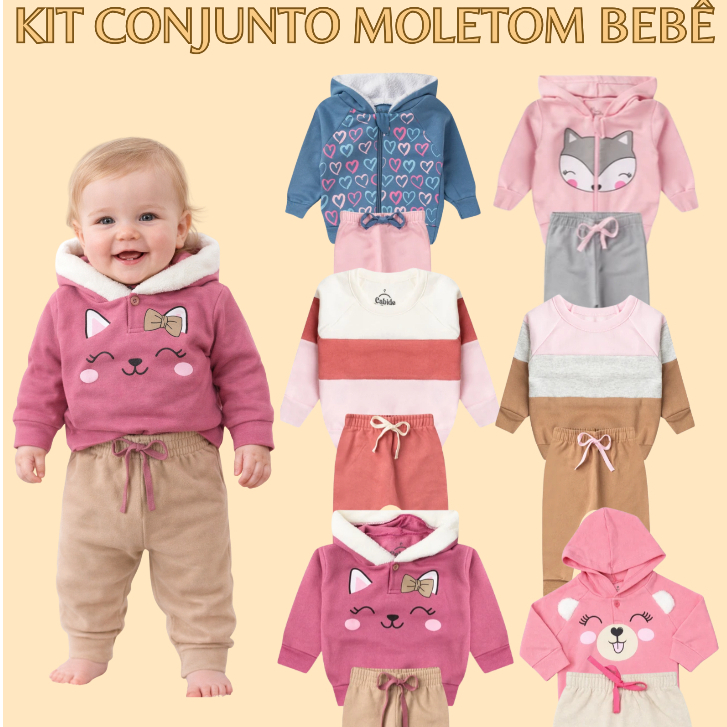 KIT 2 CONJUNTO INFANTIL MOLETOM E CALÇA PELUCIADO MENINA 4 PEÇAS