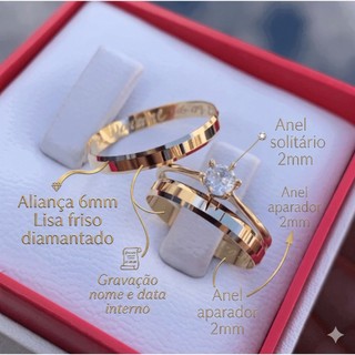 Par Alianças Chanfrada 4MM Casamento Noivado Banhado  Moeda Antiga a Ouro18k + Anel Sólitario e Aparador + Gravação