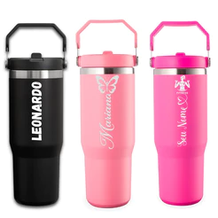 Garrafa Térmica 900ML Personalizada a Laser Com Alça Flip Tumbl Aço Inoxidável Com Canudo P/ Academia Trabalho Caminhada