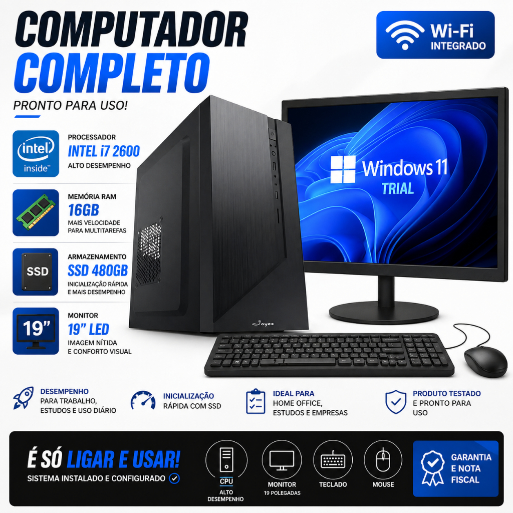 COMPUTADOR COMPLETO INTEL I7 2600 16GB RAM SSD 480GB MONITOR 19 WIFI WINDOWS 11 TRIAL