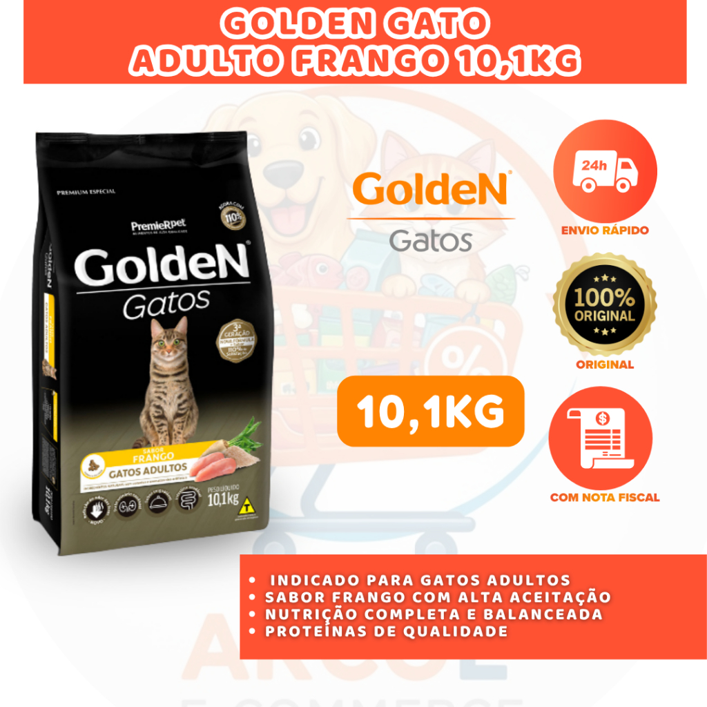 GOLDEN RAÇÃO GATOS ADULTOS FRANGO 10KG ALIMENTO PREMIUM SABOROSO E COMPLETO