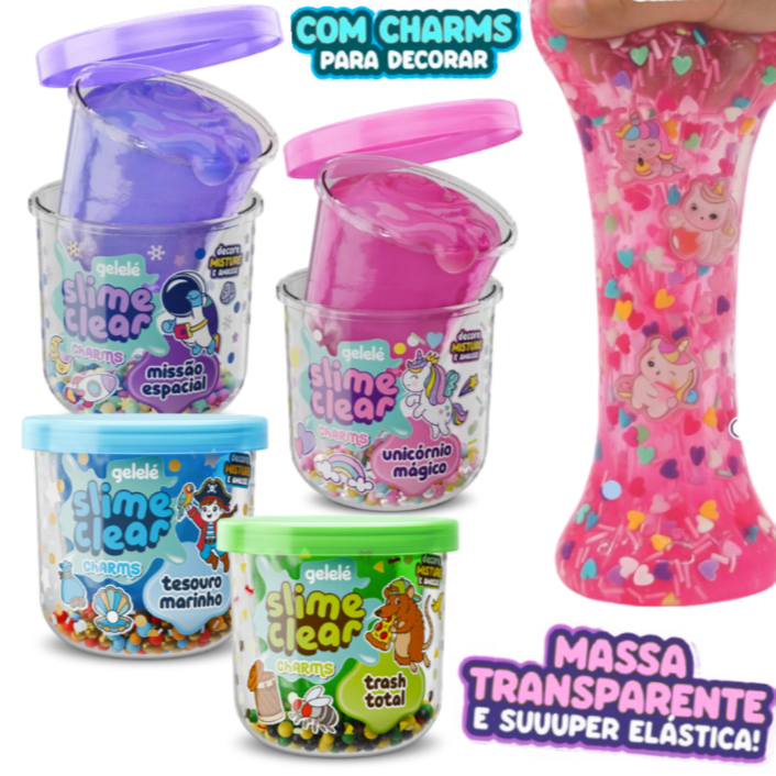 Slime Colorida Transparente Não Gruda Super Elástico Com Charms Brinquedo Infantil 122g