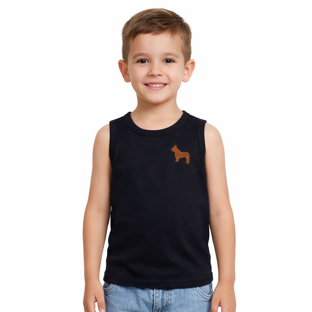 Regata Infantil Masculina Com Aplique Blusa Menino Branca Preta Cinza Azul Tamanhos 1 ao 10