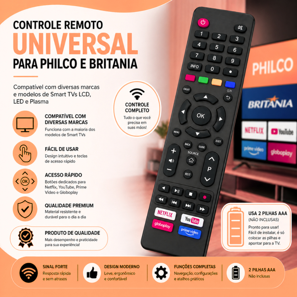 Controle Remoto Compatível Philco e Britânia Smart TV Netflix Globoplay Prime Video