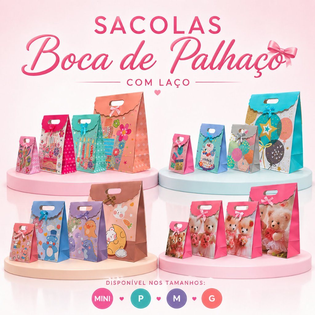Kit Com 12 Sacolas Boca De Palhaço Com Laço E Velcro Mini Pequena Média Grande Super Resistente