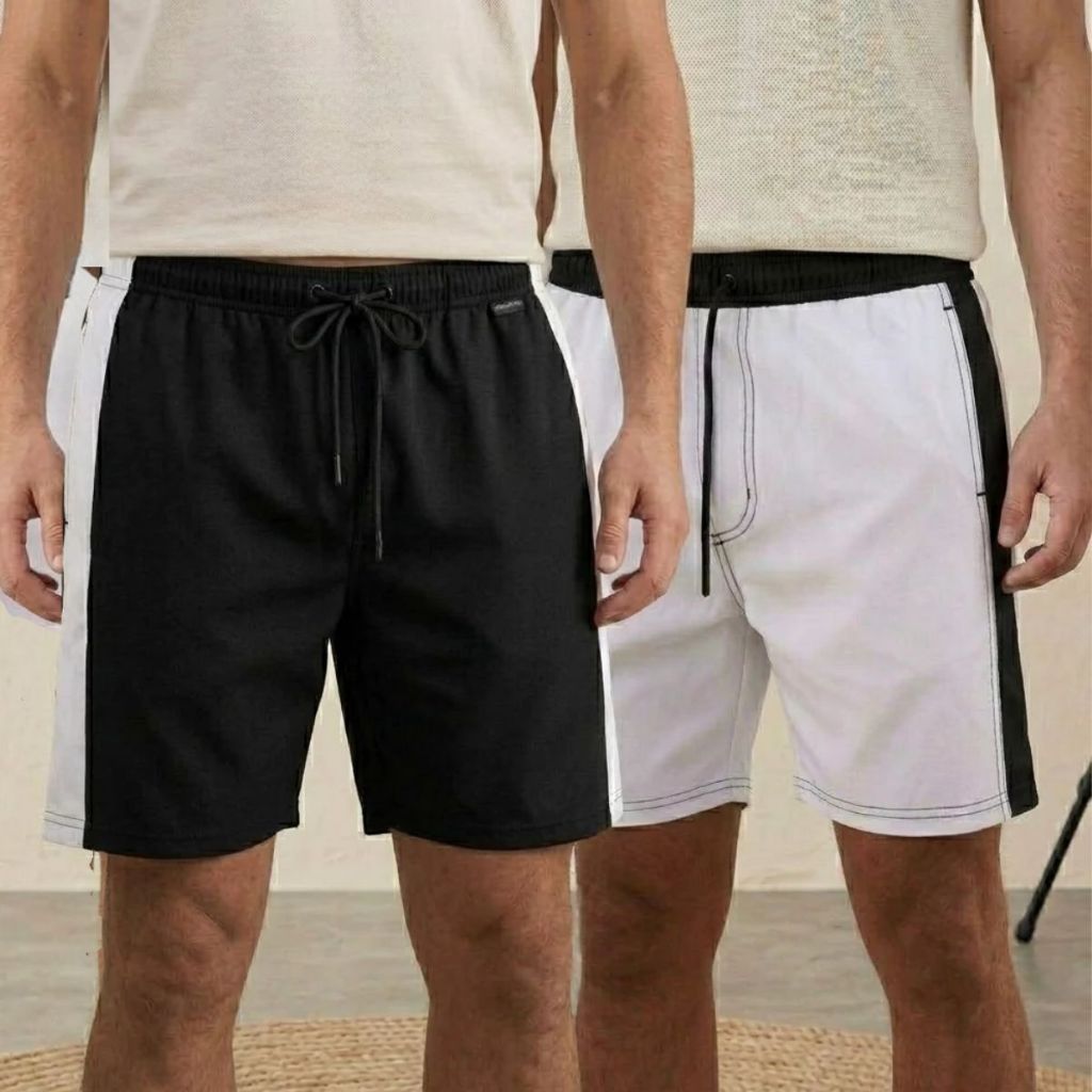 Kit Bermuda Masculina Off White e Preto com Elastano Estilo Versátil e Conforto para Treino e Uso Diário Envio Imediato