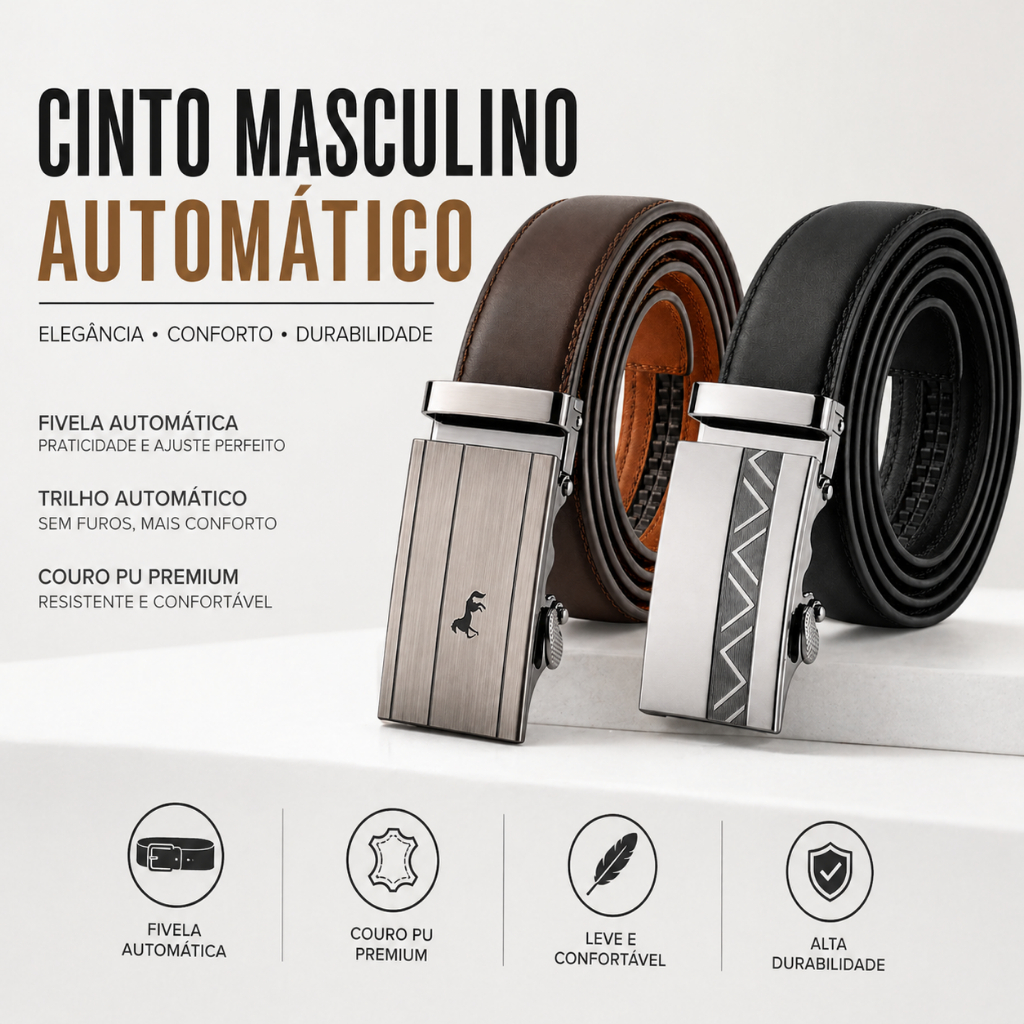 Cinto Social Premiun Masculino de Couro Legítimo Fivela Automática Ajustável Elegante e Luxuoso