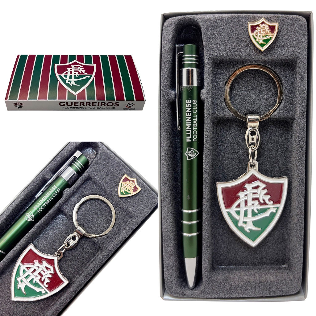 Kit Premium Presente Fluminense Oficial Chaveiro Caneta Boton Torcedor Futebol Clube Time Original