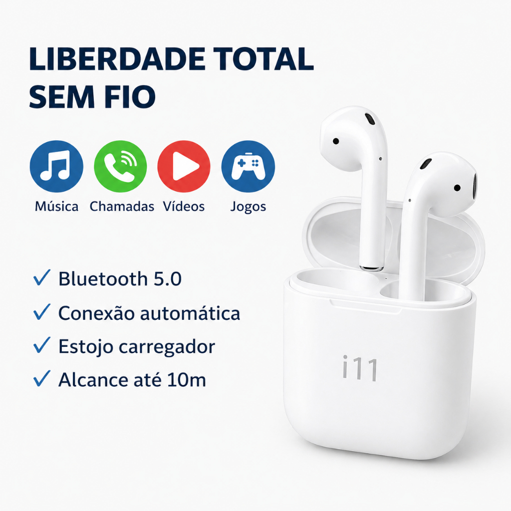 Fone Bluetooth I11 TWS Sem Fio Bluetooth 5.3 com Estojo Carregador Android iPhone Branco