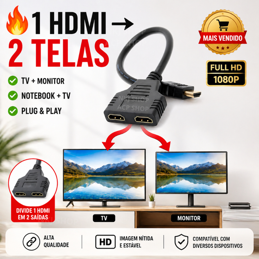 Cabo Splitter HDMI 1x2 Divisor HDMI 1 Entrada 2 Saídas Para TV Monitor Notebook Duplicador Tela
