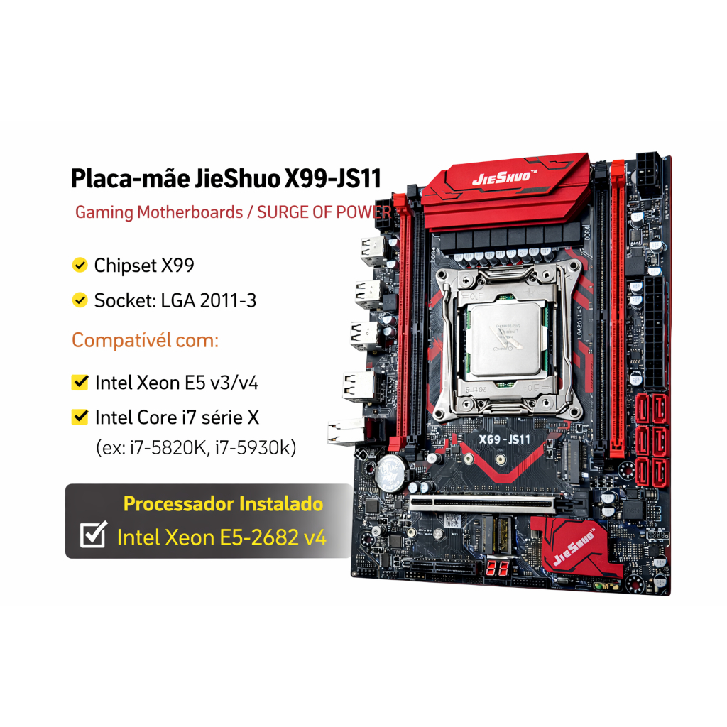 Placa Mãe Jieshuo X99 LGA2011-3 Intel Xeon Integrado E5-2682 v4 suporta 64GB, SATA 3.0, NVM, TPM 2.0