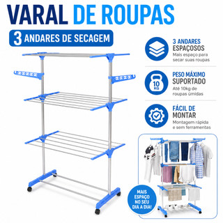 Varal de Chão 3 Andares Com Rodinhas Dobravel Aço Reforçado Organizador Roupas Calcinhas Prateleira