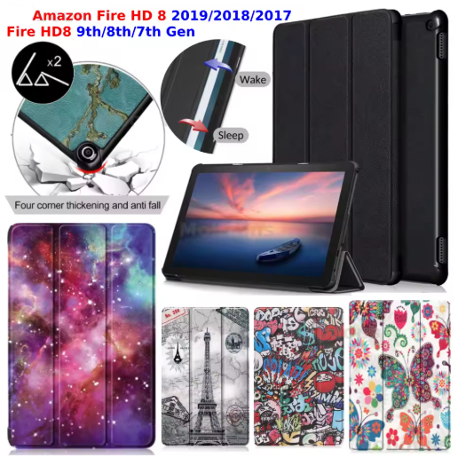 Capa de Couro Estampada Desenhada com Função Sleep para Amazon Fire HD8 Plus (2020-2022)