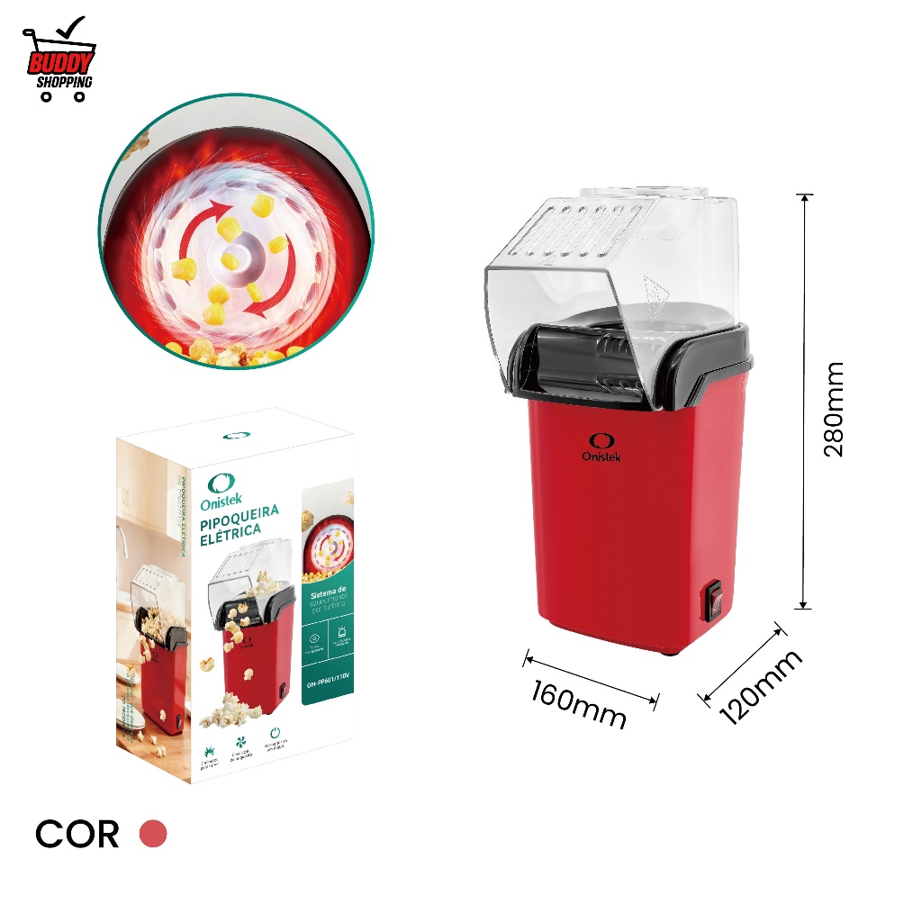 Pipoqueira Elétrica Ar Quente Sem Óleo 1100W Pipoca Crocante Rápida 170ml Vermelha para Casa