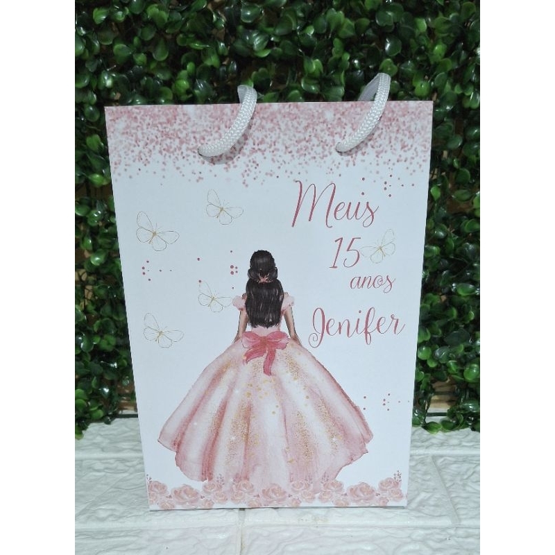 Sacolinha Personalizada Pequena, Rosa, 15 anos, Debutante, Lembrancinha Festa de Aniversário