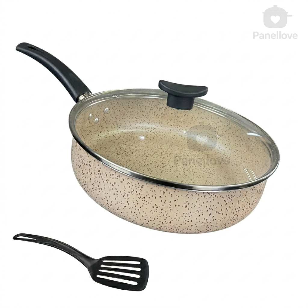 Frigideira Alta 18 cm Antiaderente Teflon com Tampa de Vidro e Espátula Cor Vanilla